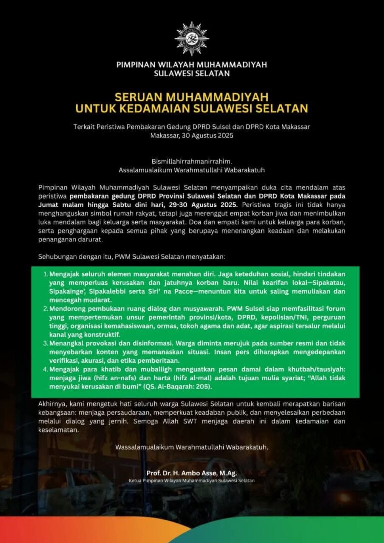 Sikapi Kasus Pembakaran DPRD di Makassar, Muhammadiyah Sulsel Keluarkan Seruan Damai, Ajak Masyarakat Menahan Diri